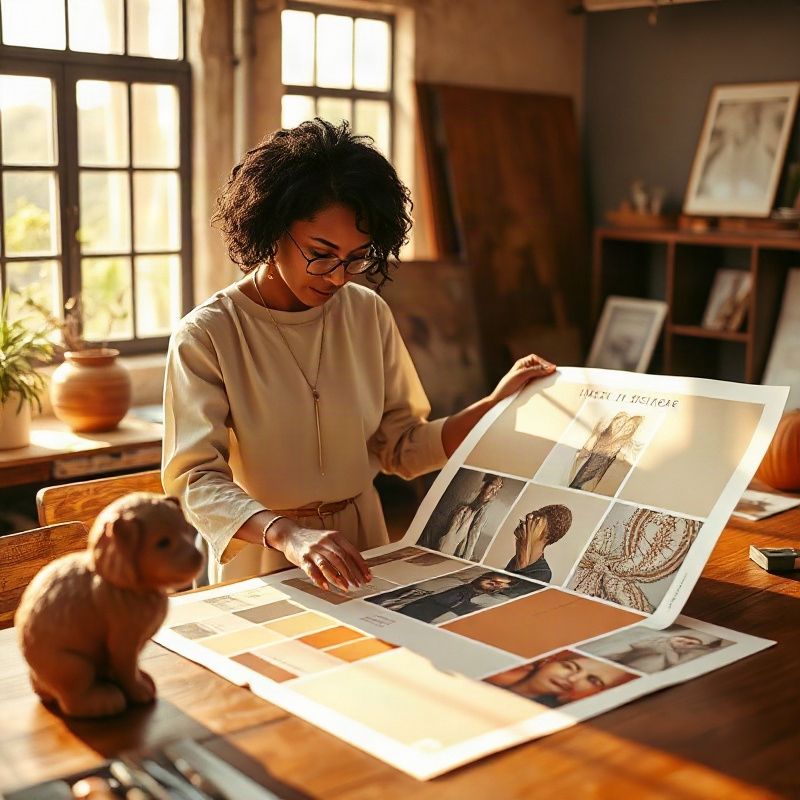 An event designer reviewing a printed moodboard in a Kakamega studio