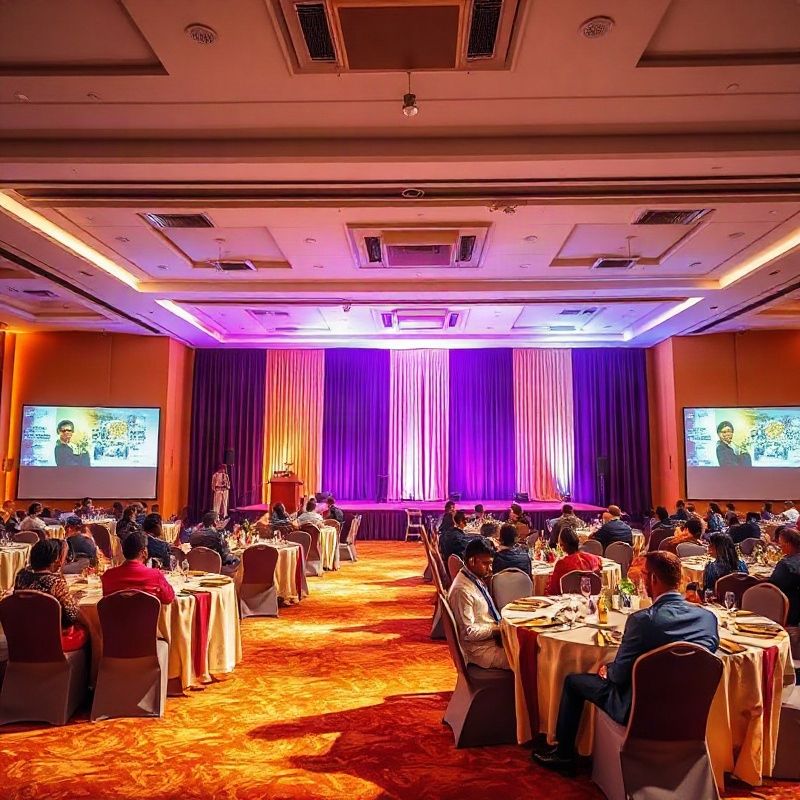A corporate conference hall in Kakamega with a violet and cream stage backdrop