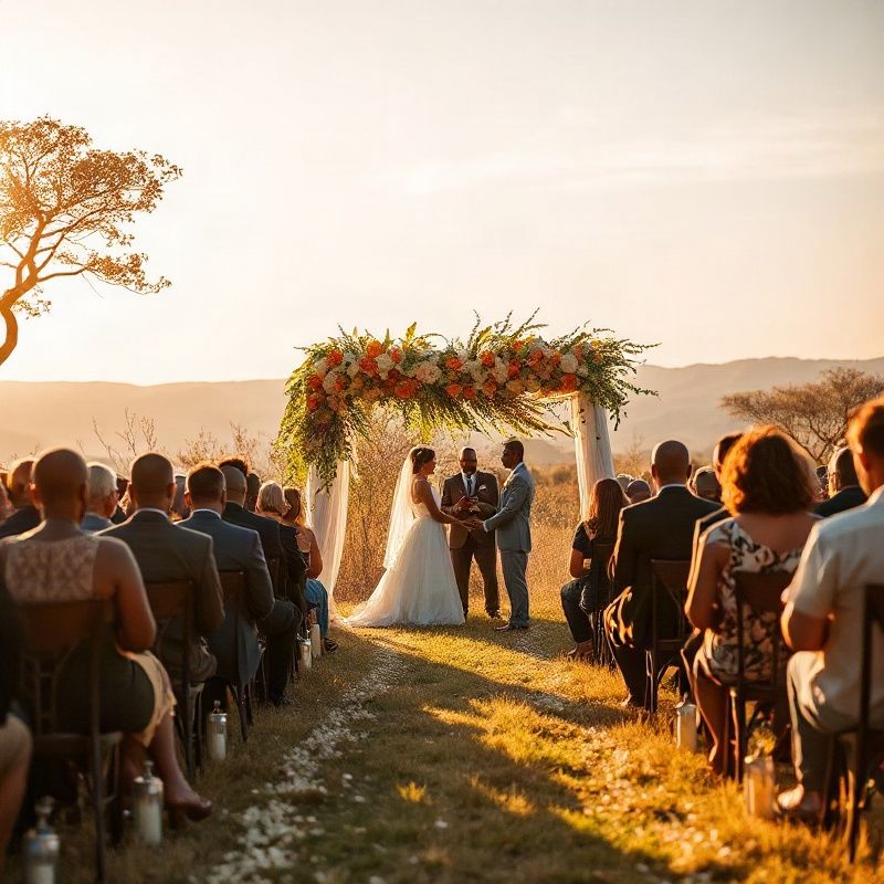 An outdoor wedding ceremony in western Kenya with a floral archway in ivory and ochre