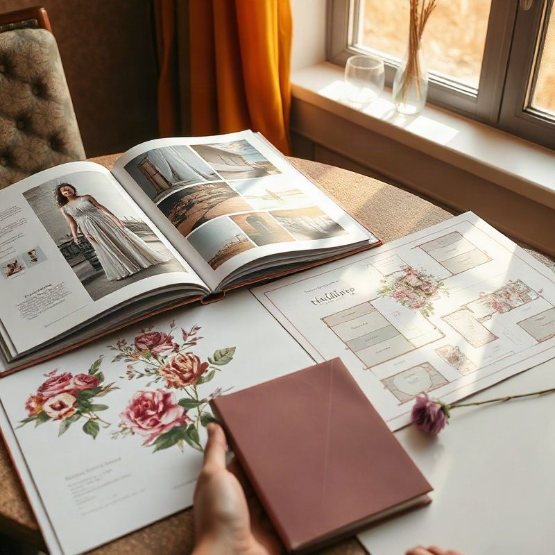A wedding planning session with fabric samples, floral references, and a floor plan