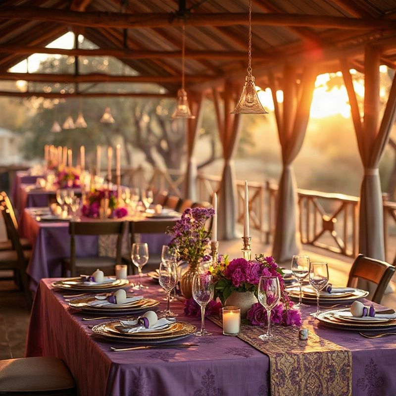 A private birthday celebration with violet and gold table installations under warm equatorial light